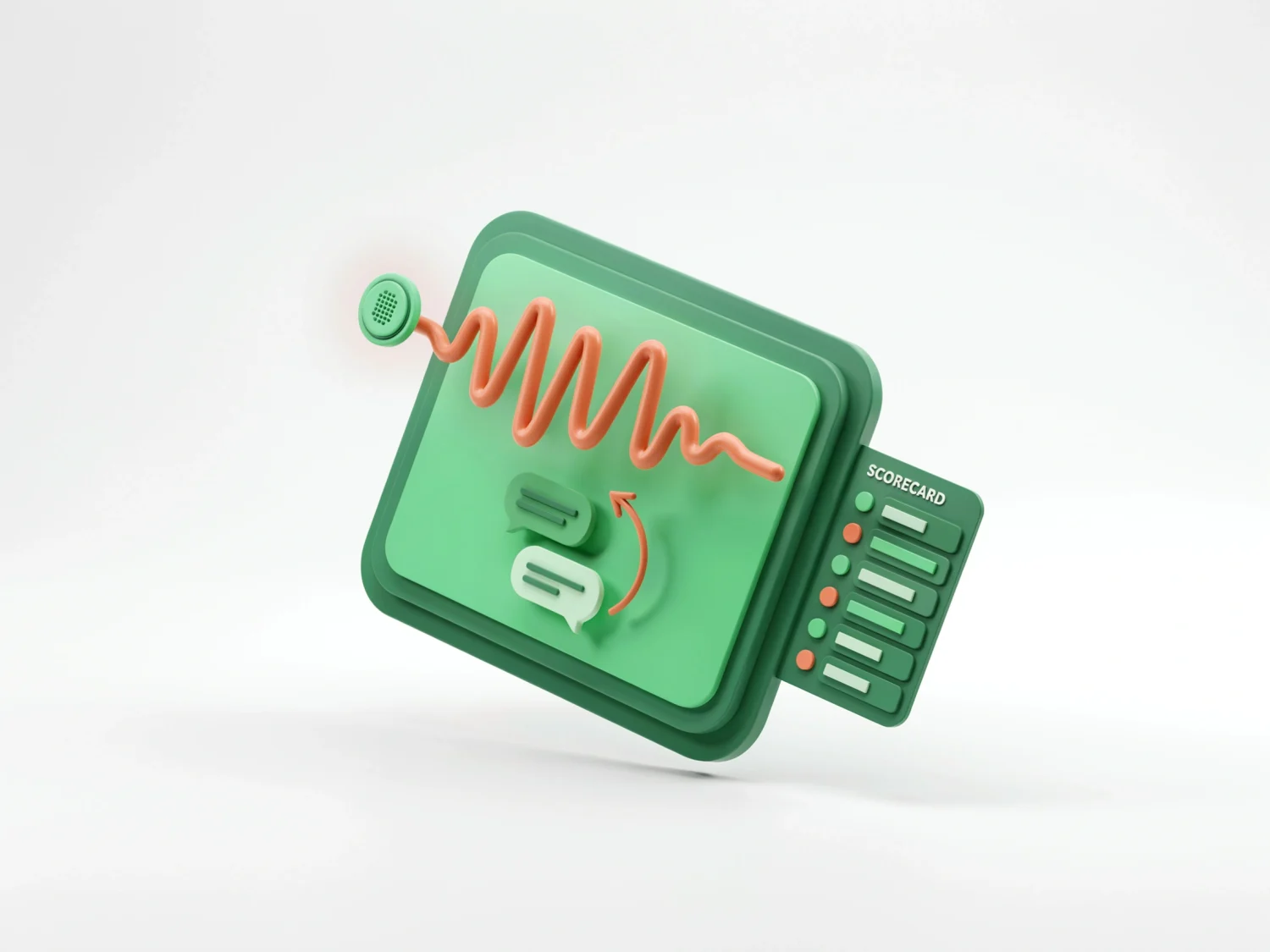 A voice-interview panel with a microphone and waveform, a question-and-answer exchange with a follow-up loop, and a scorecard rating fluency, tone, comprehension, and role knowledge.