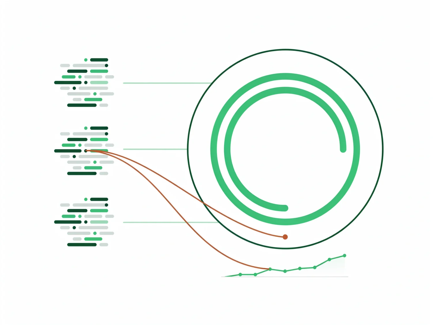 Transparent scoring: many signals across three layers feeding into one open, see-through score ring, with a single signal traced to its source and a rising trend line.