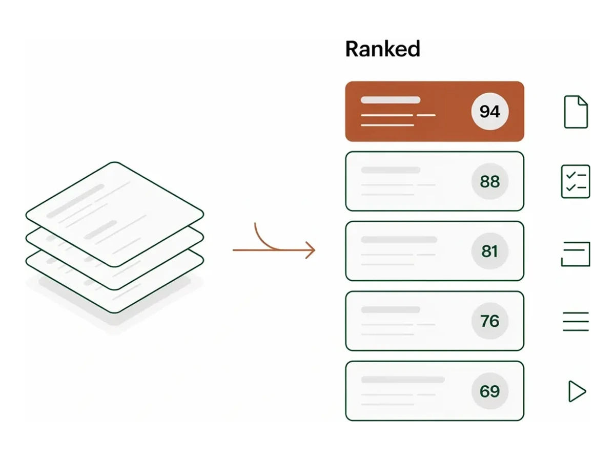 A stack of CVs becomes a ranked candidate list scored 94, 88, 81, 76, and 69, graded across CV, MCQ, written, and video.