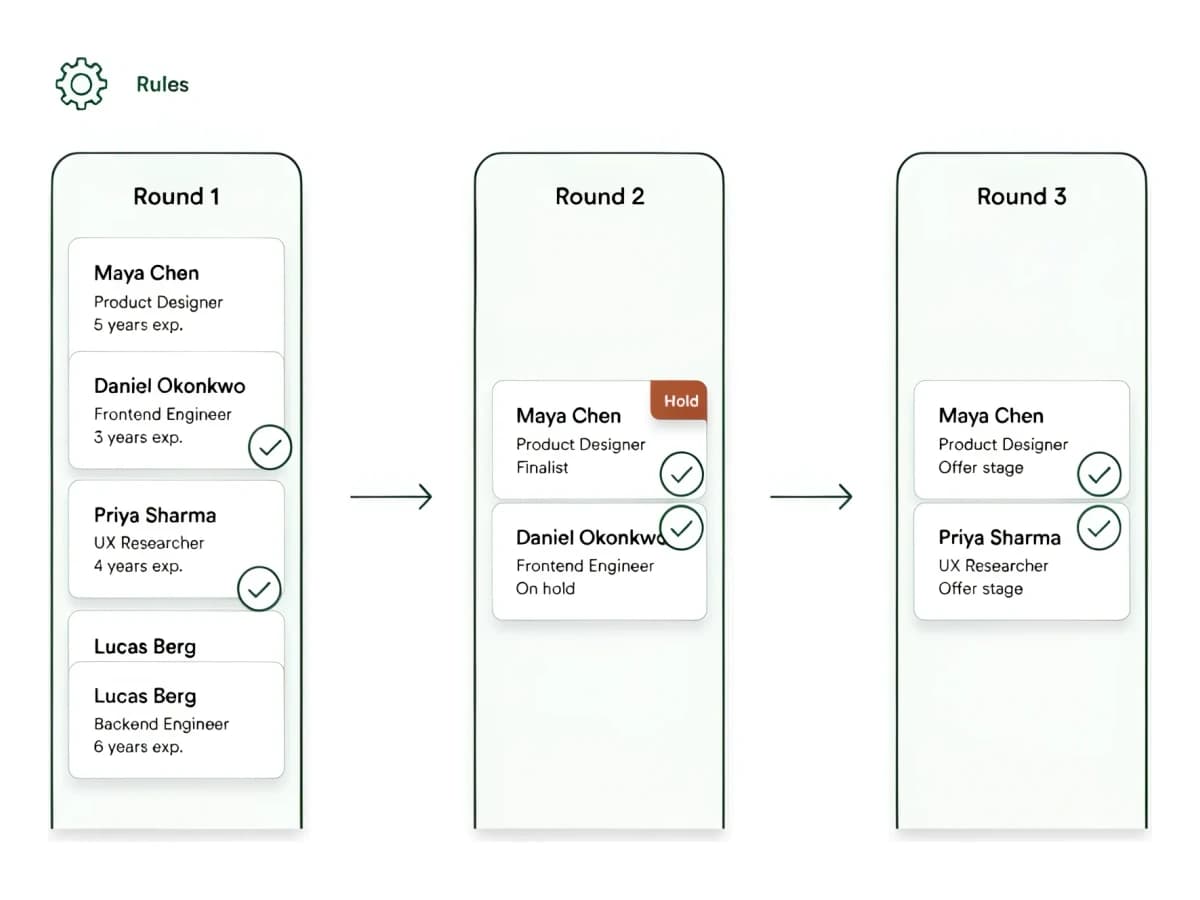 Candidates advancing across Round 1, Round 2, and Round 3 columns, passing ones checked green and a borderline one tagged Hold in orange.