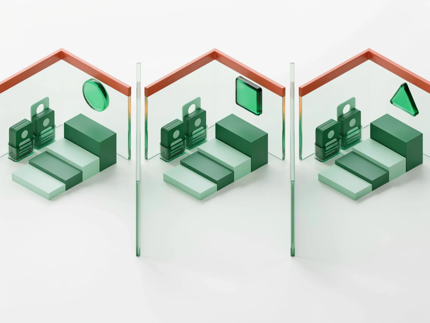 Three separate client pipelines each kept in its own glass-walled compartment