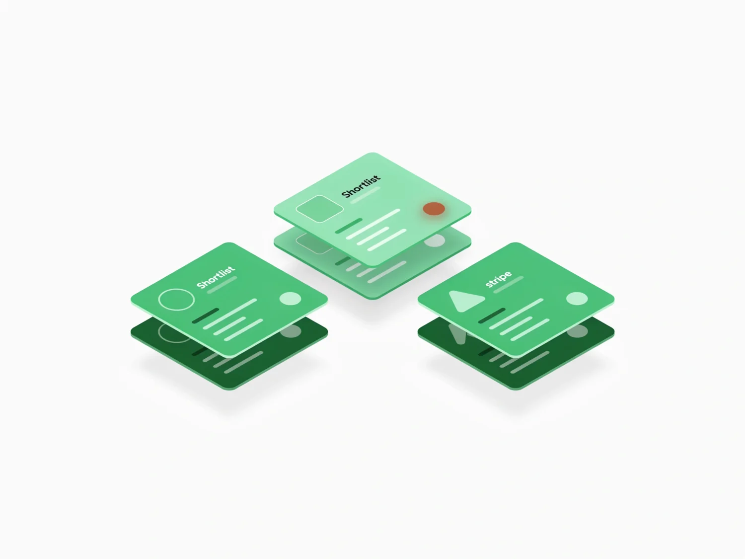 Three client-branded shortlist and scorecard stacks side by side, each under a different client seal, ready for quarterly review.