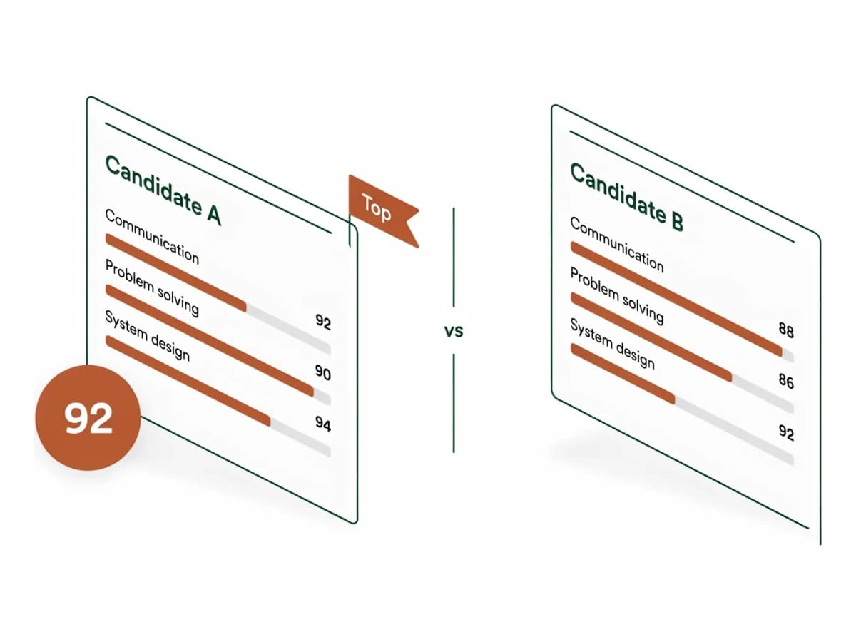 Two candidate scorecards side by side: Candidate A marked Top with an overall 92 against Candidate B at 88, compared across communication, problem solving, and system design.