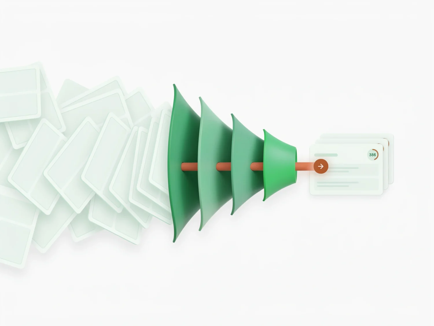 Hundreds of applications flowing through a funnel and coming out as a short ranked shortlist of scored candidate cards.