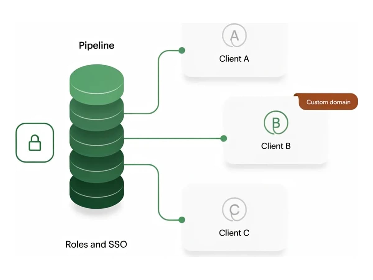 One central pipeline feeding three team workspace cards, with a Roles and SSO lock and a Custom domain tag.