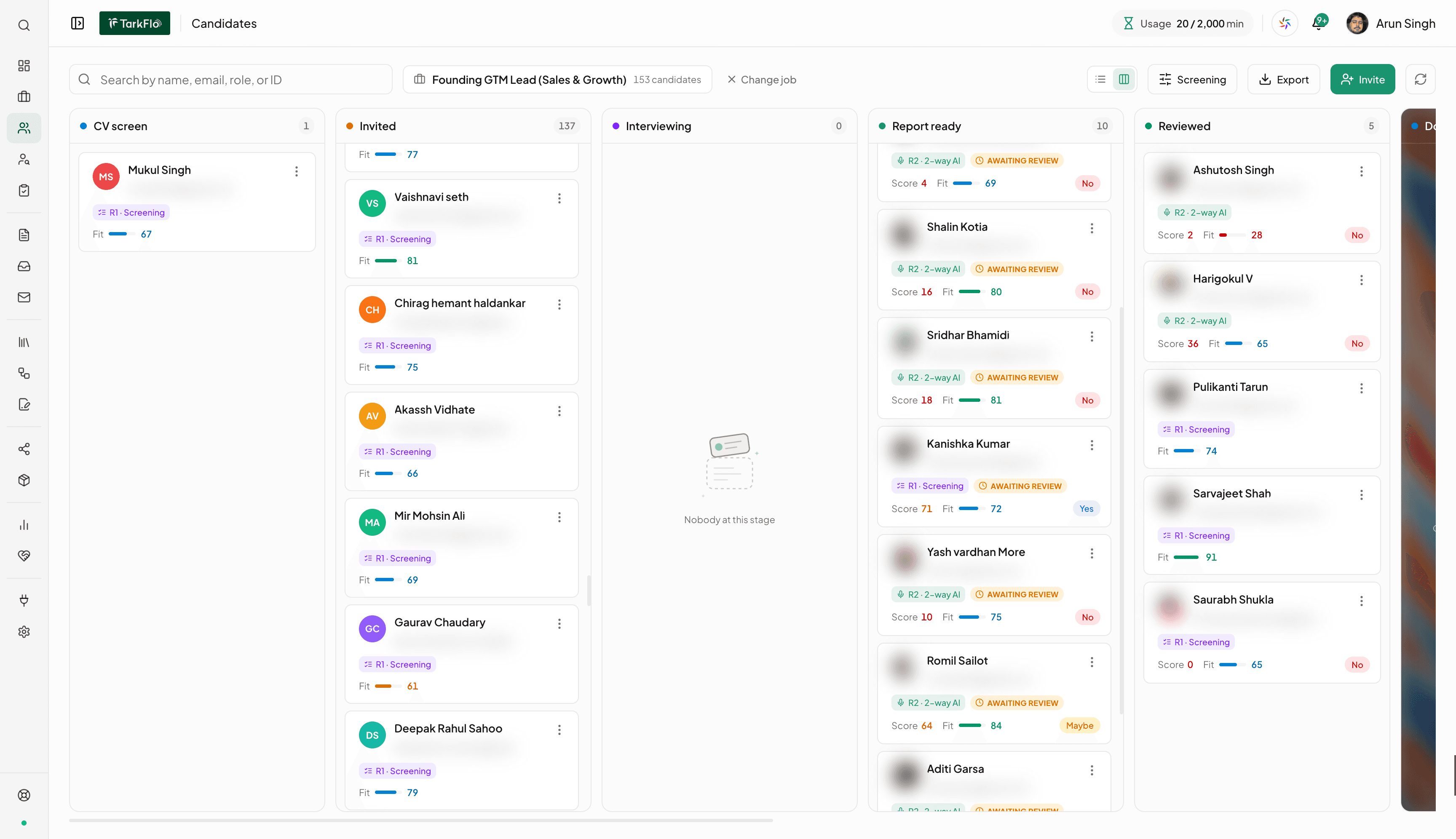 The Tarkflo candidates board: applicants across screening, interview and review stages, each card showing its FitScore and stage